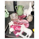 LAMB CAST IRON STOP, GLASS BUNNY DISH ETC.