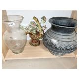 BLACK VASE W/ CHIP, GLASS VASE, BERRY VASE