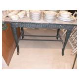 ANTIQUE WOOD TOP WICKER TABLE 30" H X 42" L X 36"