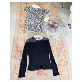 DRYCLEANED SCARF, BLACK BLOUSE, B/W SHORT SLEEVE.