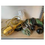 GARDEN GLOVES AND SHOP LIGHT