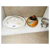 SILVER PLATED DISH W/ ETCHED GLASS, HAND PAINTED