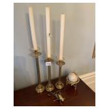 BRASS CANDLESTICKS, WORLD GLOBE, BRASS CRICKET