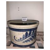 SIGNED BLUE GRAY CROCK LEAF DESIGN 4" H