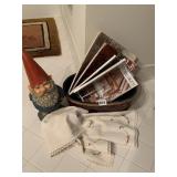 GNOME, BASKET W/ MAGAZINES, TOWELS