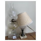 OIL LAMP AND MARBLE BASE ELECTRIFIED LAMP W/