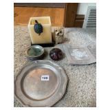 PEWTER DISH, COASTERS, PAPERWEIGHT, CANDLE W/