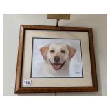 PICTURE FRAME W/ LIGHT WOOD W/ DOG, GLAZED FLOWER