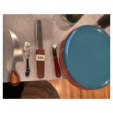 MID-CENTURY KNIFE, PLATES, ETC.