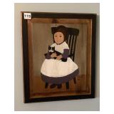 J KIRBY 1984 GIRL WITH DOG PAINTED ON WOOD