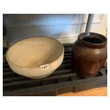 BROWN CROCK W/0 LID CHIP ON BASE AND CROCKERY