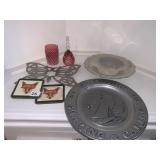 PEWTER PLATE, CRANBERRY BELL & GLASS, FOX