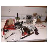 FLATWARE, DOG SIGNS, SMALL LAMP ETC.