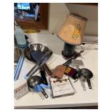 MEASURING CUPS, LAMP, STAINED GLASS, PEWTER