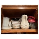 GLASS FOOD STORAGE, COFFEE POT, SPICES, ETC.