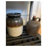 BROWN JUG 8.5" H AND CROCK W/ LARGE CRACK AT BASE