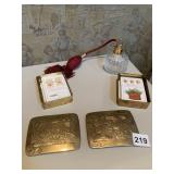 BRASS BOXES W/ CARDS AND WATERFORD PERFUME