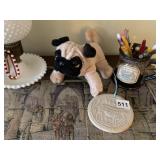 MILK GLASS LAMP, PENCILS