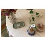 CANDLE BOTTLE, GLASS JAR, WEDGWOOD DISH