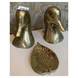 BRASS DUCK BOOKENDS, BRASS LEAF DISH 1948 SIGNED