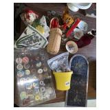 SEWING SUPPLIES, STAINED GLASS PANEL, CANDLES,