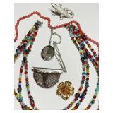 BEADED NECKLACE ALLIGATOR PIN ETC.