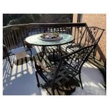 PATIO TABLE ETCHED GLASS TOP AND IRON CHAIRS SOME