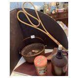 BASKET, BARNUM AND BAILEY TIN, BROWN JUG, WOOD