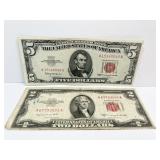 1963 RED SEAL $5.00 NOTE W/ 1953-B $2.00 NOTE