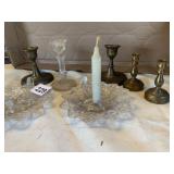 CANDLE STICKS, 3 GLASS, 4 BRASS