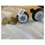 ANTIQUE GLASS DRAPERY TIE BACKS, AND 2 METAL ONE