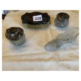 PLATED BRUSH, GLASS SHOE, COVERED BOXES,