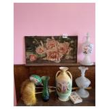 GLASS ROSE SUN CATCHER, DOUBLE HANDLE VASE WITH