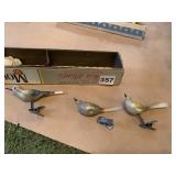 3 BLOWN GLASS BIRD ORNAMENTS, 2 ON CLIPS, 1 NEEDS