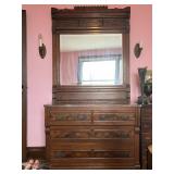 MARBLE TOP, BURLE WOOD DRESSER WITH MATCHING