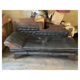 LARGE LEATHER MOHAIR RECLINER COUCH WOOD BACK