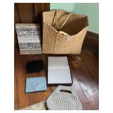 STRAW BAG, BEADED PURSER, AVON PERFUME,