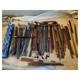 CALLIGRAPHY PENS, ADV. PENCILS, VINTAGE CANDY BOX