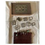 WOOD BOX, BELT BUCKLES, HAND MADE LEATHER POUCH