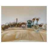 WOOD DOLL BASSINET, LAMP POSTS, CHAIR SET,