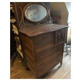 OAK DRESSER W/ RAISED PANEL SIDE, TILT MIRROR
