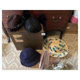 STRAW HAT WITH BLUE FLOWERS, BLACK VELOUR HAT