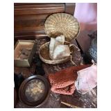 BASKET WITH LID, CROCHETED HAT, PENCILS, SMALL