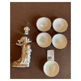 BISQUE VASE SWING GIRL BROKEN OFF, 5 BUTTER PATS,