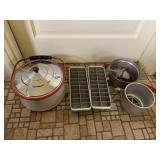 FOLEY SIFTER, FOOD MILL, ENAMELED STOCK POT WITH