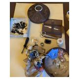 SEWING BASKET VINTAGE BUCKLE, BUTTONS, SCISSORS,