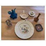 LIMOGES BIRD PLATE, BLUE GLASS ANGEL CANDLE