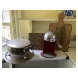 JUICE O MATIC, WAFFLE MAKER, WOOD CUTTING BOARD,