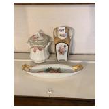 SIGNED OVAL DISH, NORITAKE VASE AND COVERED