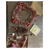 ANTIQUE CHRISTMAS WREATH, SMALL BIRD, PINECONE.